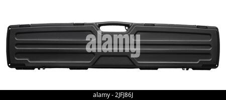 Hard black case made of durable plastic with foam rubber inside. Case for storing and transporting weapons. Isolate on a white background. Stock Photo
