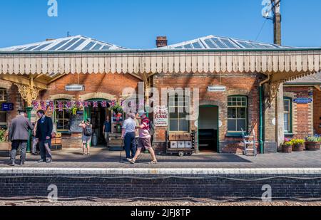 Passengers and tourist on the platform at the historic railway station at Sheringham which is part of the North Norfolk railway. Stock Photo