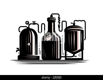 Industrial equipment from copper tanks for distillation of alcohol. Distillery, brewery symbol. Vector illustration Stock Vector