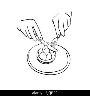 closeup hand using fork and knife to cut cake illustration vector hand drawn isolated on white background line art. Stock Vector