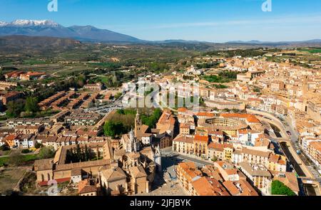 Aerial view of Tarazona cityscape with snow-capped Moncayo in background Stock Photo