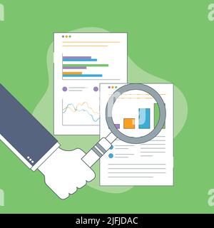 Businessman hand with magnifying glass over chart in financial report. Business analysis, accounting and business financial report concept. Stock Vector