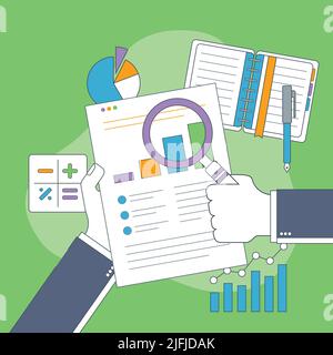 Businessman hand with magnifying glass over chart. Business analysis, accounting and business financial report concept. Stock Vector