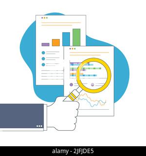 Businessman hand with magnifying glass over chart in financial report. Business analysis, accounting and business financial report concept. Stock Vector