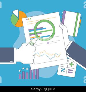 Businessman hand with magnifying glass over chart. Business analysis, accounting and business financial report concept. Stock Vector
