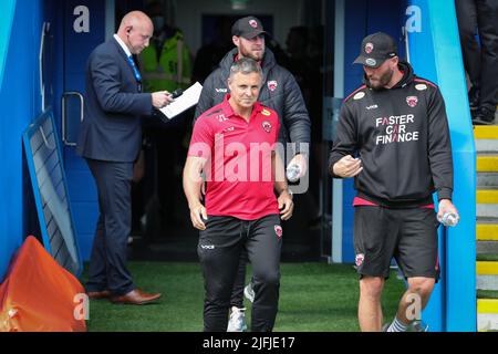 Warrington, UK. 03rd July, 2022. Paul Rowley Head Coach of Salford Red Devils comes out of the tunnel ahead of kick off in Warrington, United Kingdom on 7/3/2022. (Photo by James Heaton/News Images/Sipa USA) Credit: Sipa USA/Alamy Live News Stock Photo