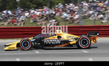 Akron, United States. 03rd July, 2022. Arrow McLaren SP driver Pato O'Ward (5) drives during the Honda 200 at the Mid Ohio Sports Course in Lexington, Ohio on Sunday, July 3, 2022. Photo by Aaron Josefczyk/UPI Credit: UPI/Alamy Live News Stock Photo