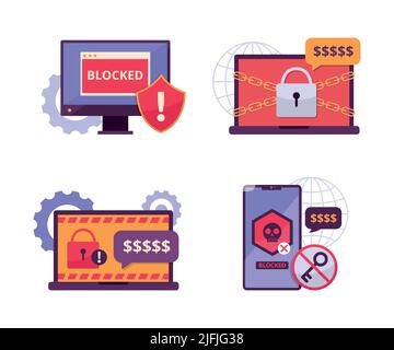 Ransomware Attack Digital Devices Concept Illustration Set. Stock Vector