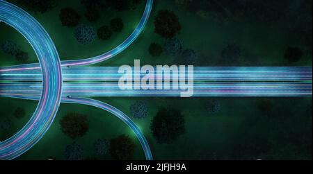 Aerial view of highway with car light trails at night. 3d rendering Stock Photo