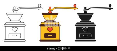 Coffee mill icon line set. Doodle cartoon style or stamp simple grinder sign, retro rustic kitchenware. Vintage coffeehouse menu symbol outline vector for game, web design or app, ui logo drawn Stock Vector