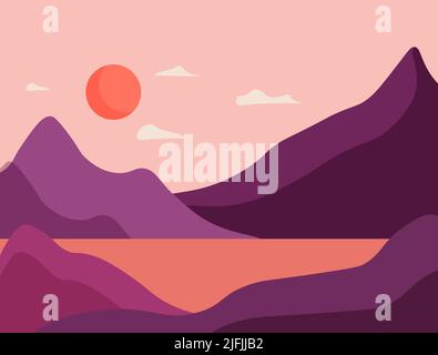 Landscape for posters - sunset and sun, mountains and a reservoir. Stock Vector