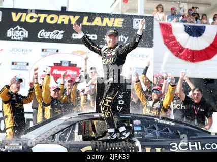 Plymouth, Wisconsin, USA. 3rd July, 2022. Tyler Reddick, driver of the #8 3CHI Chevrolet, celebrates in victory lane after winning the NASCAR Cup Series Kwik Trip 250 at Road America on July 03, 2022 in Plymouth, Wisconsin. Ricky Bassman/Cal Sport Media/Alamy Live News