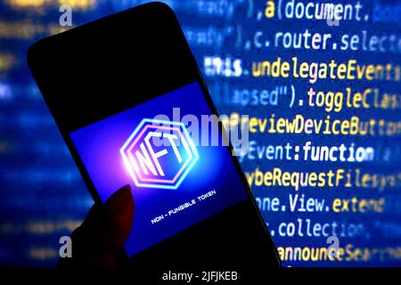 India. 03rd July, 2022. In this photo illustration, a NFT (Non Fungible Token) logo seen on a smartphone. (Photo by Avishek Das/SOPA Images/Sipa USA) Credit: Sipa USA/Alamy Live News Stock Photo