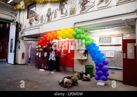 London, UK. 02nd July, 2022. A balloon arch in rainbow colour is seen inside the London Fire Brigade station in central London. The London Fire Brigade station in central London has organised an open house event as part of the celebration for the 50th anniversary of London Pride. Credit: SOPA Images Limited/Alamy Live News Stock Photo