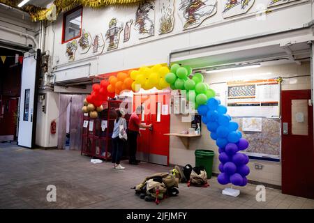 London, UK. 02nd July, 2022. A balloon arch in rainbow colour is seen inside the London Fire Brigade station in central London. The London Fire Brigade station in central London has organised an open house event as part of the celebration for the 50th anniversary of London Pride. (Photo by Hesther Ng/SOPA Images/Sipa USA) Credit: Sipa USA/Alamy Live News Stock Photo