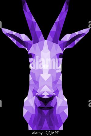 Purple polygonal abstract wild mountain goat on black background. Desktop wallpaper, screen print. Stock Photo