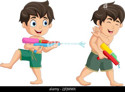 Two cute kids cartoon playing water gun Stock Vector