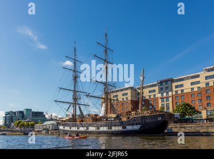Dublin, Ireland - June 6, 2022: A replica of the Jeanie Johnston, a 19th-century tall ship that took Irish emigrants to America Stock Photo