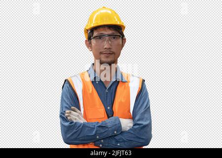 Portrait Asian industry engineer worker foreman male with safety isolated man background cut with clipping path. Stock Photo