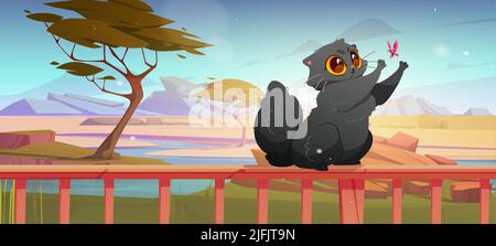 Cute cat playing with butterfly at home terrace sitting on railings at beautiful view of savanna landscape with trees, river and plain. Cartoon kitten catching flying insect, Vector illustration Stock Vector