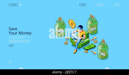 Save money banner with isometric glass jars with gold coins and man sitting in chair with laptop. Concept of savings for pension, education and travel, vector landing page Stock Vector
