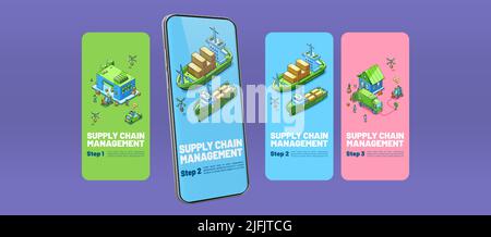 Supply chain management technologies mobile app page onboard screen. International SCM logistics and cargo delivery concept. Transport export and import, shipping of goods 3d vector line art templates Stock Vector