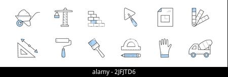 Construction and building doodle icons. Wheelbarrow with sand, crane, brick wall, trowel, palette and blueprint. Paint roller, paintbrush and triangle ruler, vector signs Stock Vector
