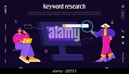 Keyword research banner with people team work with traffic and query analysis. Vector landing page of SEO with flat illustration of man with laptop and girl with magnifier Stock Vector