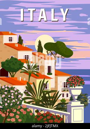 Retro Poster Italy, mediterranean romantic landscape, mountains, seaside town, sailboat, sea. Retro travel poster Stock Vector