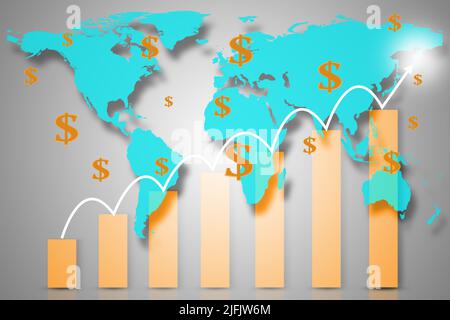 Double exposure with red world map with downward bar graph from business and financial concept. Elements of this image furnished by NASA. Stock Photo