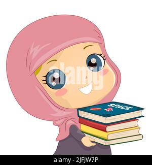 Illustration of Kid Girl Muslim Student Wearing Hijab, Carrying Pile of Books Stock Photo