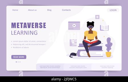 Metaverse learning landing page template. African woman in VR glasses sitting and reading books. Modern technology for education. Vector illustration Stock Vector