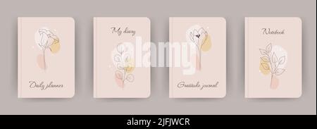 Cover page notebook collection. Templates with abstract flowers in one line drawing style. Perfect for diary, books, magazines, journals, catalogs Stock Vector