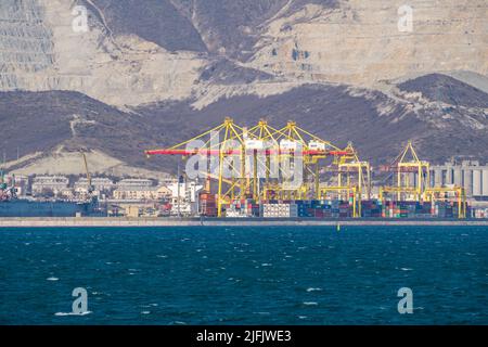 View of The port of Novorossiysk. Cargo terminals. Stock Photo