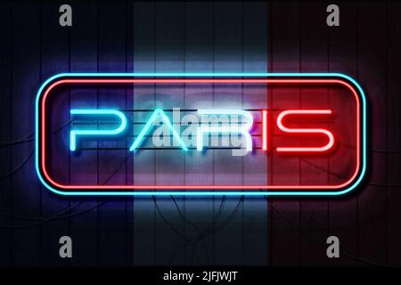 Paris neon sign on a Dark Wooden Wall 3D illustration with French flag background. Stock Photo