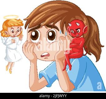 Cartoon character with devil and angel fighting in thought illustration Stock Vector