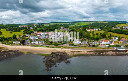 Aerial view from drone of village of Aberdour in Fife Scotland, UK