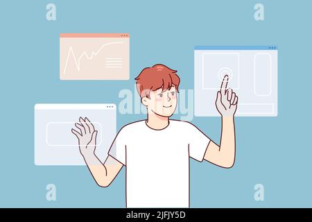 Man designer use touchpad access personal identification. Male using creative digital app interface. Web design and technology. Vector illustration.  Stock Vector