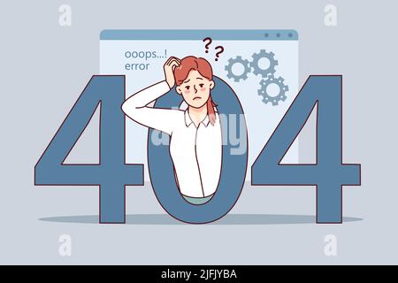 Confused woman experience 404 error on computer. Frustrated unhappy female employee have mistake message on gadget. Page not found. Vector illustration.  Stock Vector
