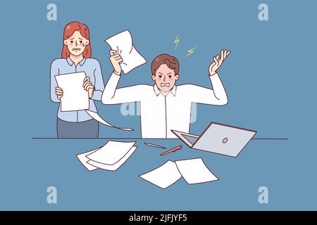 Furious boss yelling lecturing scared female secretary in office. Man businessman stressed at workplace scolding employee throwing papers. Vector illustration.  Stock Vector