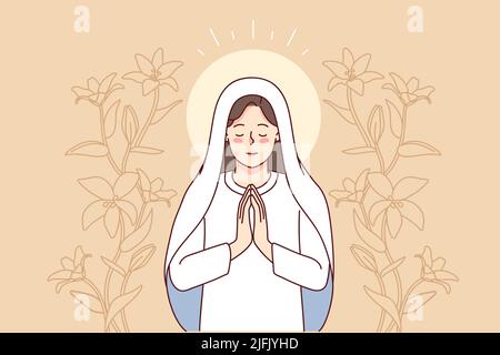 Virgin Mary surrounded by lilies praying. Mother of Jesus Christ in prayer. Faith and religion. Vector illustration.  Stock Vector