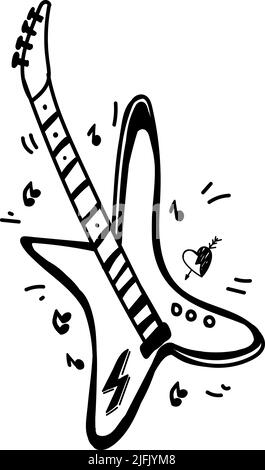 Hand-drawn rock guitar in doodle-sketch style. Electric musical instrument. Music. Heart with an arrow. Vector in a simple cartoon style. Isolated ele Stock Vector