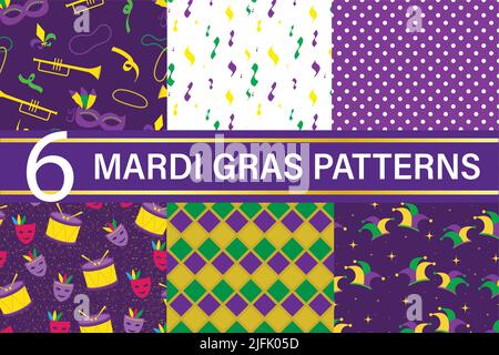Mardi Gras Carnaval seamless pattern pack, Pattern with mardi Gras decoration Stock Vector