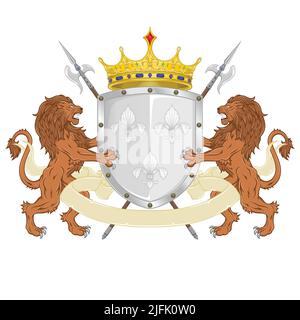 Crowned heraldic shield with three silver fleur-de-lys, flanked by two rampant lions and halberds Stock Vector