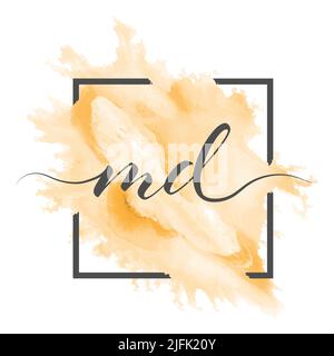 Calligraphic lowercase letters M and D are written in a solid line on a colored background in a frame Stock Vector