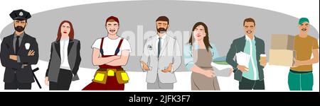 Collection of people of different professions isolated on white background. Backdrop with male and female workers. Specialists in uniform. Vector Stock Vector