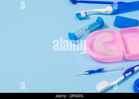 set for thorough cleaning of the oral cavity. Equipment for cleaning braces and plaque from teeth. Necessary tools for brushing teeth. Stock Photo