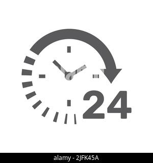 24 hour open clock black vector icon. Non stop opening hours cycle arrow filled symbol. Stock Vector