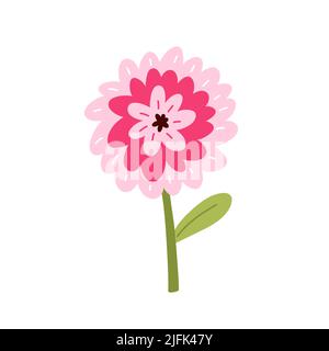 Cute pink zinnia with leaves isolated on white background. Vector illustration in hand-drawn flat style. Perfect for cards, logo, decorations, spring and summer designs. Botanical clipart. Stock Vector