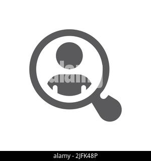 Man and magnifying glass vector icon. Employee recruiting, hr filled symbol. Stock Vector